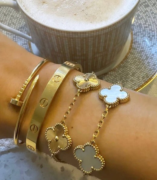 Clover Set Pearlescent Stone Necklace With Matching Bracelet Gold-Tone