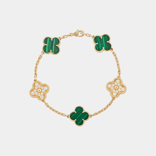 Clover Bracelet Green Stone With Clear Stone Lucky Clover Four Leaf Flower Gold-Tone Charm Bracelet