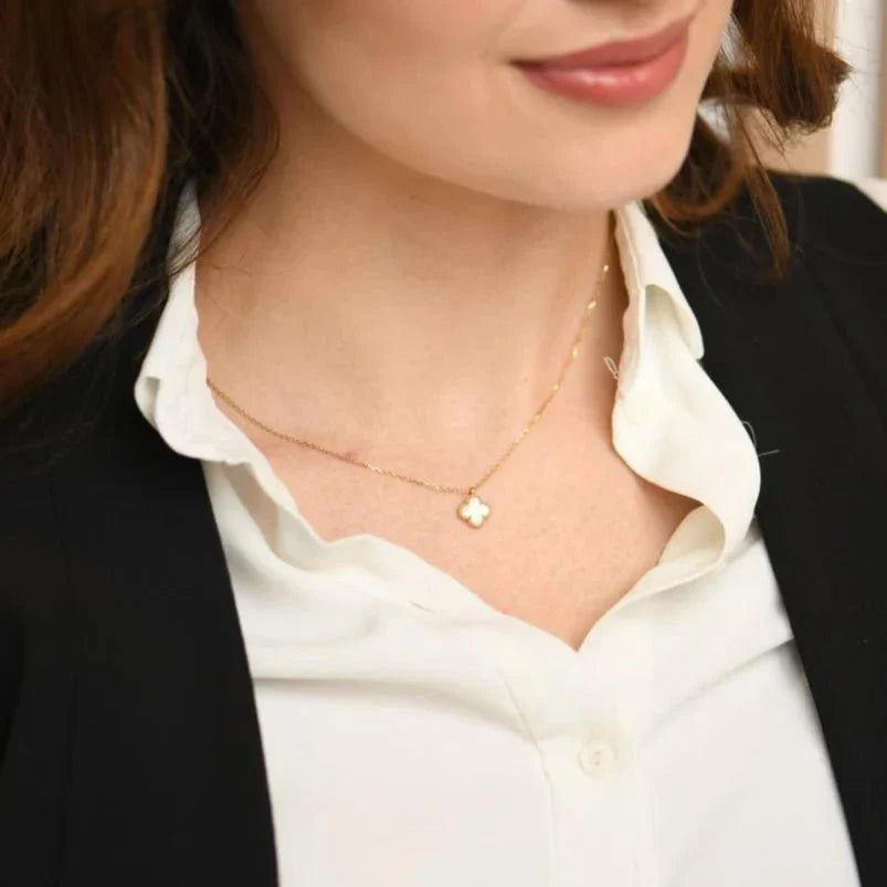 Clover Necklace Four Leaf Mini Pearlescent Stone Gold-Tone Pendant Necklace
