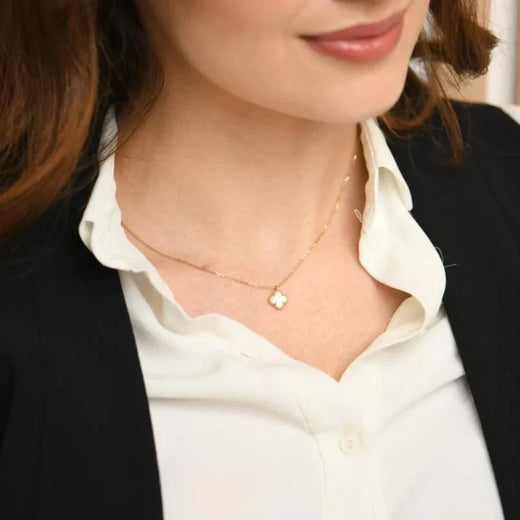 Clover Necklace Four Leaf Mini Pearlescent Stone Gold-Tone Pendant Necklace